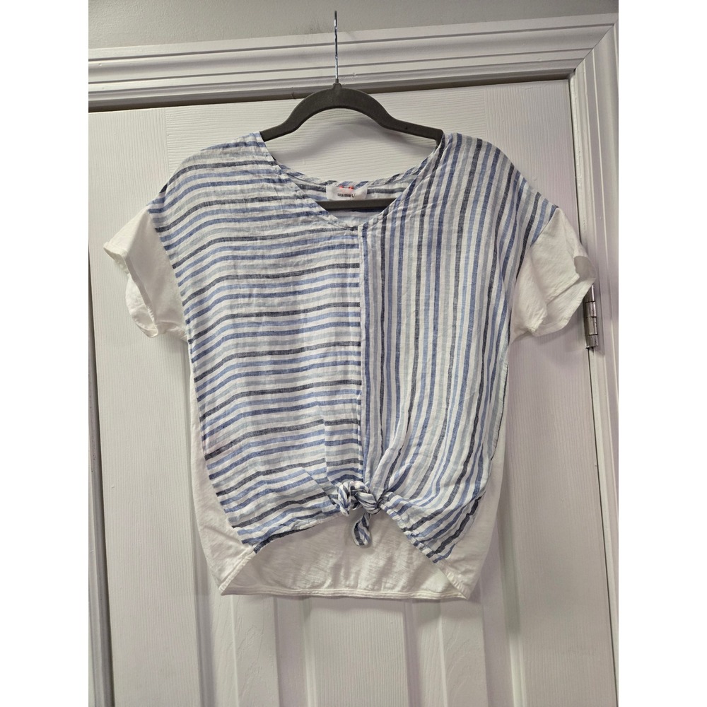 Sita Murt Blue White Striped Tie Front Mixed Media Top Size 38 Made in Portugal